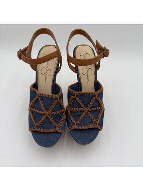 Jessica Simpson Dezzie Mega Wood Platform Sandals Blue Denim JS-DEZZIE Size 9M